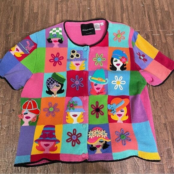 Michael Simon Sweaters - Michael Simon Vintage Embroidered Patchwork 3D faces hats cardigan top size‎ L
